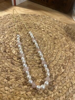 Large Freshwater Pearls and Rose Quartz Beaded Necklace - Gold Chain